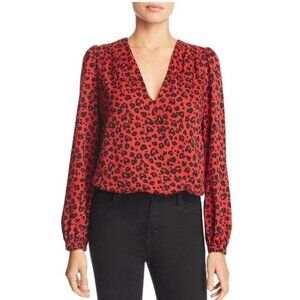 Lucy Paris Red/Black Leopard Print Long Sleeve Deep V-Neck Bodysuit Women's S